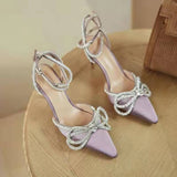 Purpdrank - Designer Wedding Shoes Woman Pointed toe Crystal Hih Heel Shoes Ankle Buckle Strap Rhinestone Bowtie Sandal Sexy Party Pump