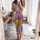 Purpdrank - 2023 New Bandage Single Breasted Dress Women Casual Short Sleeve Button Solid Maxi Dress For Woman Summer Holiday Style Dress