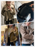Purpdrank - Winter Women Thick Warm Vintage Suede Lambswool Biker Jackets Coat Sashes Casual Loose Faux Leather Outwear Female