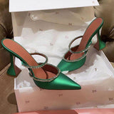 Purpdrank - Blue Green Women Pumps Silk Satin Pointed Toe Rhinestoe Strange Heels Women Shoes Slip On Mules Fashoin Slipper Sandal Big Size