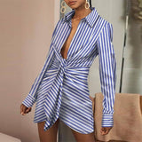 Purpdrank - Women Elegant Turn-Down Collor Folds Party Dress Casual Striped Printed Ladies Shirt Dress Autumn Long Sleeve Slim Fitness Dress