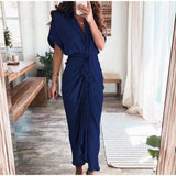 Purpdrank - 2023 New Bandage Single Breasted Dress Women Casual Short Sleeve Button Solid Maxi Dress For Woman Summer Holiday Style Dress
