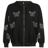 Purpdrank - Zip Up Gothic Black Hoodie y2k Women's Rhinestone Skull Casual Oversized Sweatshirt Punk E-girl Harajuku Long Sleeve Outerwear