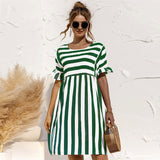 Purpdrank - Women Summer Dress Cute Loose Striped Print Ruffles Sleeves Dresses Elegant A Line Patchwork Beach Party Female Dress Vestidos