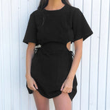 Purpdrank - Spring and Summer New Pure Cotton O-Neck Fashion A-Line Black Short-Sleeved Hollow Out Sexy Careful Pleated Mini Skirt