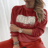Purpdrank - Women Retro Round Neck Velvet Sweatshirt Pullover Autumn Winter Letter Print Sequin Hoodies Casual Long Sleeve Tops Jumper Mujer