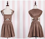 Purpdrank - Women's Kawaii Rilakkuma Dress Cute Bear Embroidery Dress Lolita Overall Bandage Dress Summer Corduroy Dress (Detachable Hood)