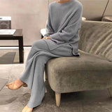 Purpdrank - Knitted Sweater Suit Women Elegant Solid O-Neck Pullovers+Wide Leg Pants Suit Lady Autumn Winter Soft 2 Piece Set Homewear