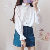 Purpdrank - New Cute Bow College Wind Shirt Female Flare Sleeve Women Blouse Harajuku Uniform Shirt Lace Up White Blouses Woman Tops