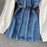 Purpdrank - Chic Women Hoodies Denim Dress New Fashion Long Sleeve Cotton Sweatshirt Patchwork Mini Jeans Dress with Belt