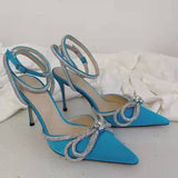 Purpdrank - Designer Wedding Shoes Woman Pointed toe Crystal Hih Heel Shoes Ankle Buckle Strap Rhinestone Bowtie Sandal Sexy Party Pump