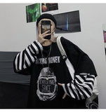 Purpdrank - Autumn tshirt Casual Letter Print O-Neck stripe Tees Creativity Loose T-Shirts Women Long Sleeve Oversize top Hip Hop Streetwear
