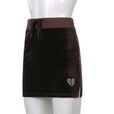 Purpdrank - Brown Velvet Slim New Mini Skirts Womens Diamond Heart Kawaii Streetwear Split Stretch Low Waist Sexy Girl Skirt Pink