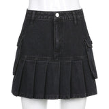 Purpdrank - New  Mall Goth Y2K High Waist Jean Skirts E-girl Aesthetics Black Denim Pleated Skirts with Big Pockets Grunge Punk Outfits