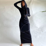 Purpdrank - Long Sleeve Hooded Patchwork Skinny Maxi Dress Autumn Winter Women Fashion Streetwear Casual Outfits