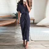 Purpdrank - 2023 New Bandage Single Breasted Dress Women Casual Short Sleeve Button Solid Maxi Dress For Woman Summer Holiday Style Dress