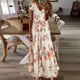 Purpdrank - Women Elegant V-Neck Summer Dresses Casual Short Sleeve Dresses Embroidered Slim Long Dress Vintage Drawstring Design Dress