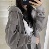Purpdrank - Women Korean Version Loose Hoodies Long Sleeve Zip Up Solid Pocket Oversized Sweatshirts Female Thin Harajuku Hooded Coat Top