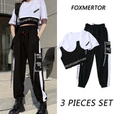 Purpdrank - 3 Pieces Set Summer Women Cargo Pants Suit Set Streetwear Outfit Harajuku Short Sleeve Trousers & Crop Tops Tee Shirt