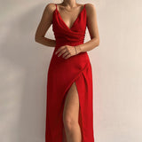 Purpdrank - Thin New Strap Sexy Backless Wrap Midi Dress Slit Gown Outfits Women Draped Dresses Elegant Club Party Vestidos