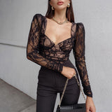 Purpdrank - Lace Women T shirt Elegant Vintage Long Sleeve Transparent Slim Party Streetwear Casual Top Autumn Fashion Tshirt