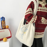 Purpdrank - Women Lamb Like Fabric Shoulder Bag Simple Canvas Handbag Tote Large Capacity Embroidery Shopping Bag Cute Book Bags For Girls