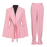 Purpdrank - Solid Color Korean Two Piece Set Women Blazer High Waist Belt Lace-up Straight Pants Suits Female Fashion New