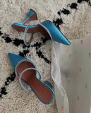 Purpdrank - Blue Green Women Pumps Silk Satin Pointed Toe Rhinestoe Strange Heels Women Shoes Slip On Mules Fashoin Slipper Sandal Big Size