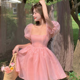 Purpdrank - Girls Sweet Pink Puff Sleeve Square Neck Mesh Puffy Dress Women's Summer New Princess Skirt Send Bow Party Club Mini Skirt