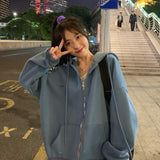 Purpdrank - Women Korean Version Loose Hoodies Long Sleeve Zip Up Solid Pocket Oversized Sweatshirts Female Thin Harajuku Hooded Coat Top