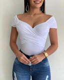 Purpdrank - Blouse Women V Neck Shrot Sleeve Shirts Summer Elegant Office Ladies Slim Fit Off Shoulder Solid Color Womens Sexy Tops