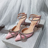Purpdrank - Designer Wedding Shoes Woman Pointed toe Crystal Hih Heel Shoes Ankle Buckle Strap Rhinestone Bowtie Sandal Sexy Party Pump