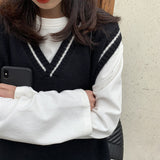 Purpdrank - Women Vest Simple All-match Patchwork Korean Style V-neck Knitted Sweater Leisure Student Sleeveless Female Vintage Vest
