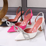Purpdrank - Glitter Rhinestone Women Pumps Crystal Bowknot Satin Pointed Toe High Heels Slingbacks Shoe Slip On Ladies Wedding Pumps Sandal