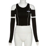 Purpdrank - E-girl Style Patchwork Black T-shirts Gothic Open Shoulder Sleeve Y2k Crop Tops Ruffles Hem Hip Hop Techwear Women Tee
