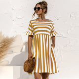 Purpdrank - Women Summer Dress Cute Loose Striped Print Ruffles Sleeves Dresses Elegant A Line Patchwork Beach Party Female Dress Vestidos