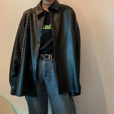 Purpdrank - New Women oversized PU leather blouses Spring Autumn Black Faux Leather Basic Coat Turn-down Collar Motor Biker Jacket