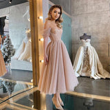 Purpdrank - Pink Sweet Homecoming Dress Off The Shoulder Sequins Shiny Tulle A-line Women Formal Evening Party Vestidos Elegant Gowns