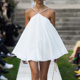 Purpdrank - Gentle White Dress Women Pleated Ball Gown Backless Skirt Strapless Hanging Neck Camisole Skirt One-Shoulder Skirt