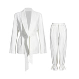 Purpdrank - Solid Color Korean Two Piece Set Women Blazer High Waist Belt Lace-up Straight Pants Suits Female Fashion New