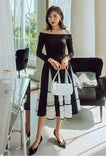 Purpdrank - Spring New Arrivals Black Dress Slash-neck Long Sleeves Elegant Dress A-line Mid-calf Dinner Party Dress