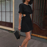 Purpdrank - Spring and Summer New Pure Cotton O-Neck Fashion A-Line Black Short-Sleeved Hollow Out Sexy Careful Pleated Mini Skirt