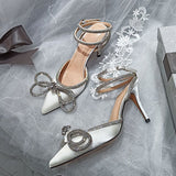Purpdrank - Designer Wedding Shoes Woman Pointed toe Crystal Hih Heel Shoes Ankle Buckle Strap Rhinestone Bowtie Sandal Sexy Party Pump