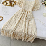 Purpdrank - Spring Outfits Romantic Women Lace Embroidery Party Dress Summer Elegant Floral Print Short Puff Sleeve Gothic Vintage Midi Dress