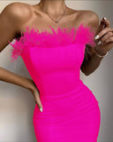 Purpdrank - New Summer Sexy Strapless Backless Feather Black Midi Women Bodycon Bandage Dress Designer Fashion Party Club Dress Vestido