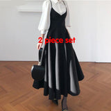 Purpdrank - New Spring Dress Women Single Breasted Lantern Sleeve Shirt Set+Camisole Bow Pleated Solid Dresses