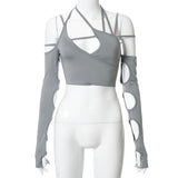 Purpdrank - Goth Dark Cyber Y2k Techwear Punk Women Halter Tops Gothic egirl Patchwork Long Sleeve Crop Top Sexy Cut Out Casual T-shirts