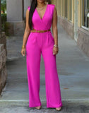 Purpdrank - New Women Jumpsuit Lady Sleeveless Romper Bodysuit Bodycon High-waist V-neck Wide-leg Pants Irregular Suit With Belt Playsuit