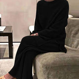 Purpdrank - Knitted Sweater Suit Women Elegant Solid O-Neck Pullovers+Wide Leg Pants Suit Lady Autumn Winter Soft 2 Piece Set Homewear