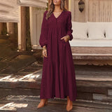 Purpdrank - Bohemian Shirt Dress Women's Maxi Sundress Spring Elegant Casual V Neck Ruflle Vestido Female Long Sleeve Tunic Robe